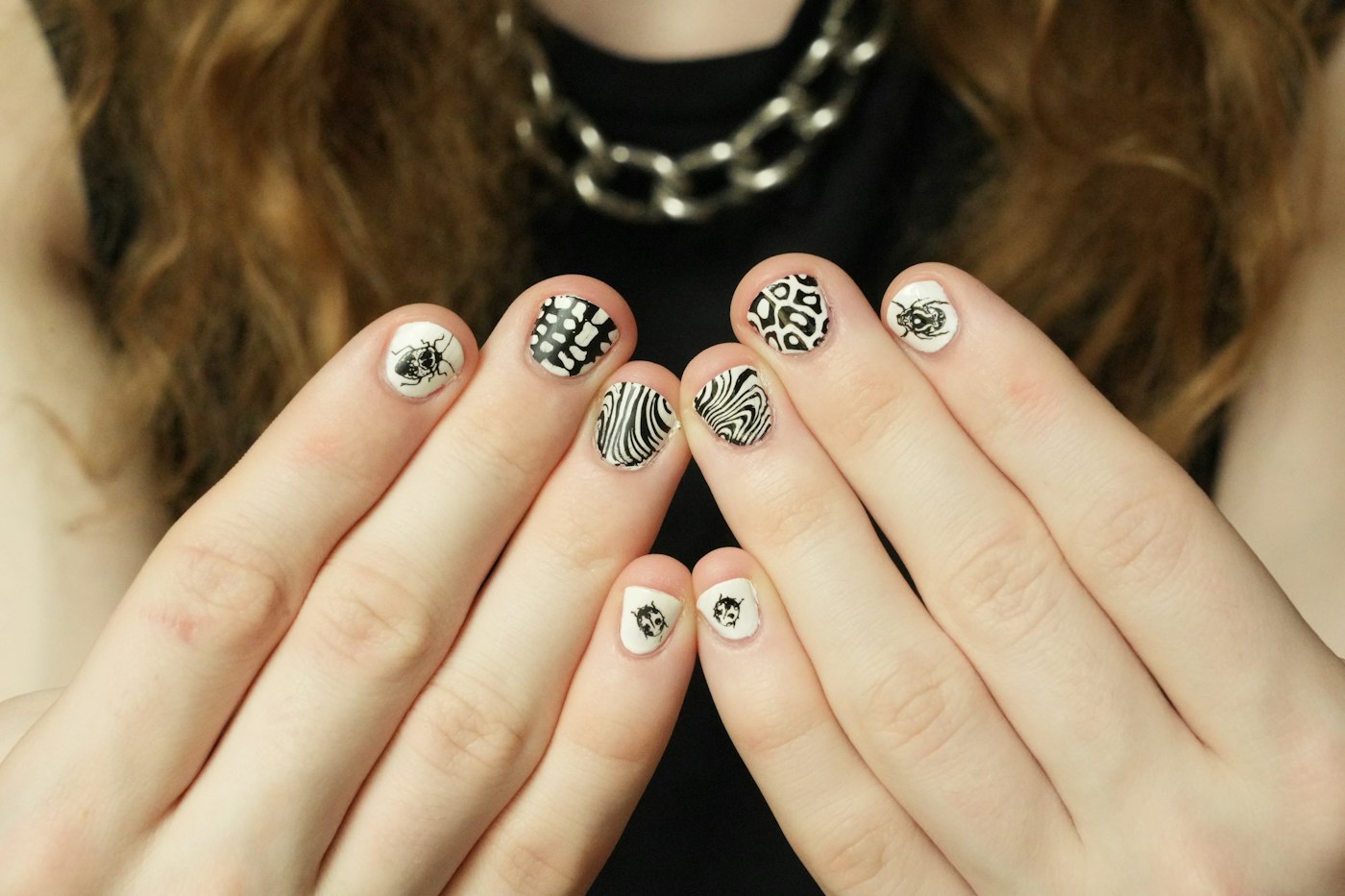 Black and white patterned nail art